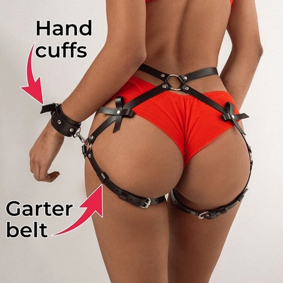 Restock! Black vegan leather dbl thigh garter harness w/chain & belt! Bondage! - Picture 16 of 16